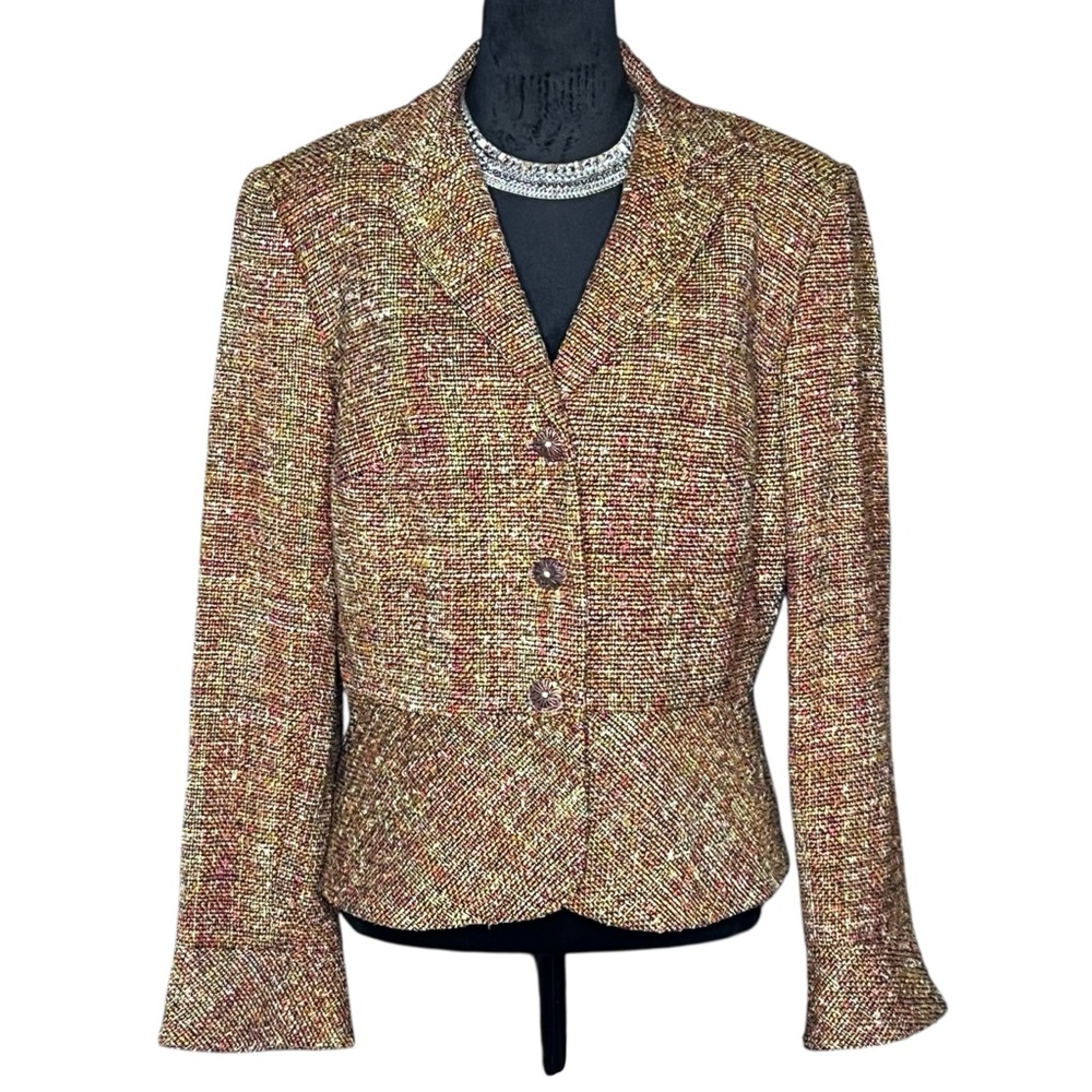 TALBOTS Tweed Brown Tan Green Crop Lined Blazer with Peplum Silk Blend SZ 14